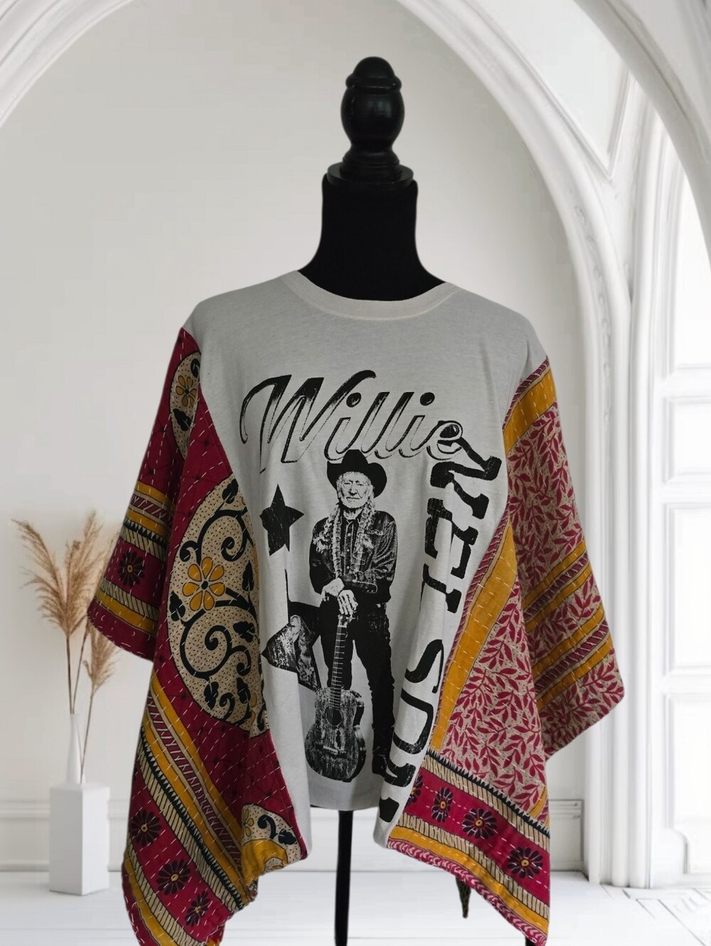 Upcycled Willie Nelson Band Tee With Kantha Sleeves, OS - Picture 2 of 6